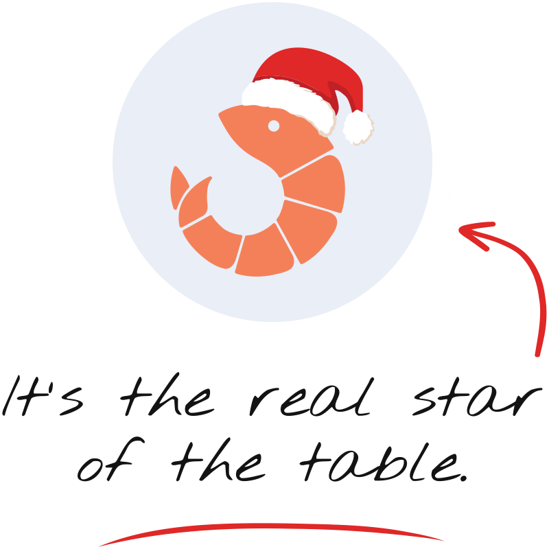Shrimp with red hat and text that states the real star of the table